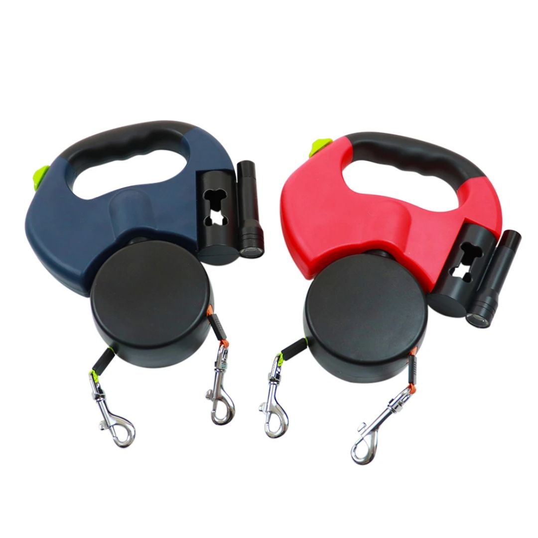 Joustava kaksoisvetoleash koirille – LED-valon ja pussinjakajan kanssa 