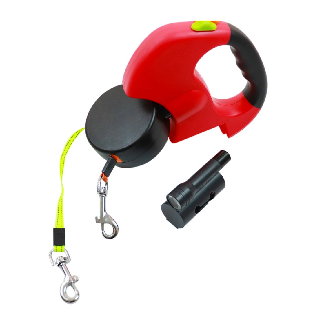 Joustava kaksoisvetoleash koirille – LED-valon ja pussinjakajan kanssa 