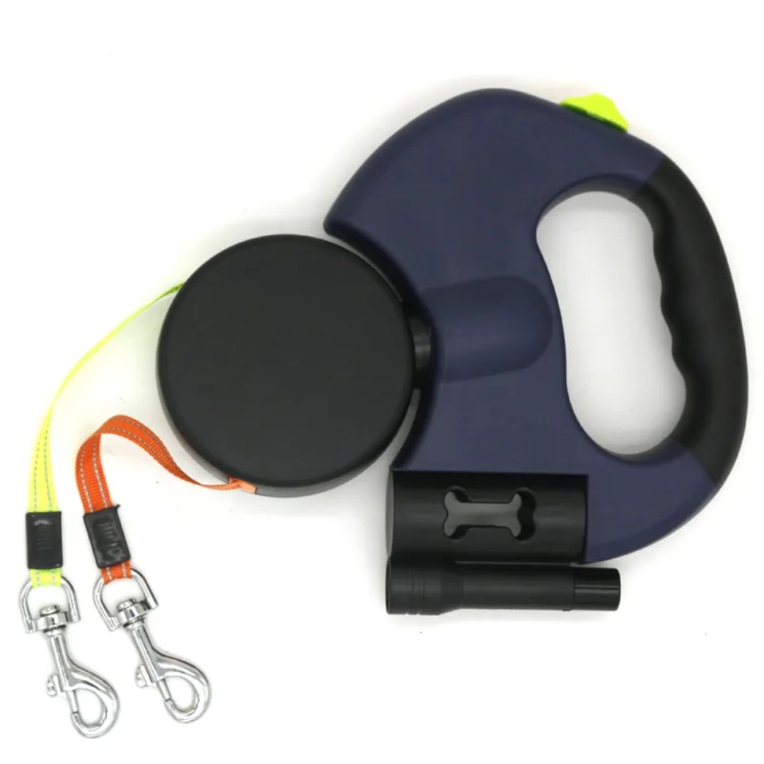 Joustava kaksoisvetoleash koirille – LED-valon ja pussinjakajan kanssa 